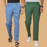 Combo of 2 Sky Blue and Bottle Green Cotton Regular Trousers