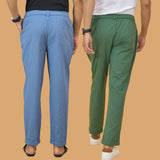 Combo of 2 Sky Blue and Bottle Green Cotton Regular Trousers