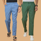 Combo of 2 Sky Blue and Bottle Green Cotton Regular Trousers