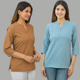 Combo of 2 Sky Blue and Brown Cotton Flax Women Top