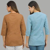 Combo of 2 Sky Blue and Brown Cotton Flax Women Top