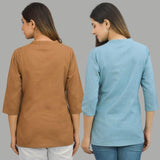 Combo of 2 Sky Blue and Brown Cotton Flax Women Top
