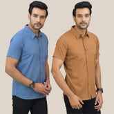 Combo of 2 Sky Blue and Brown Solid Cotton Men Shirt