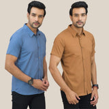 Combo of 2 Sky Blue and Brown Solid Cotton Men Shirt