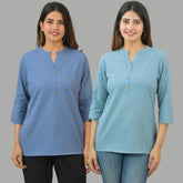 Combo of 2 Sky Blue and Denim Blue Cotton Flax Women Top