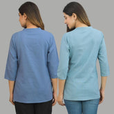 Combo of 2 Sky Blue and Denim Blue Cotton Flax Women Top