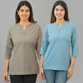 Combo of 2 Sky Blue and Gray Cotton Flax Women Top