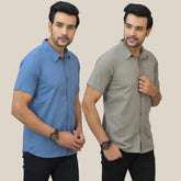 Combo of 2 Sky Blue and Gray Solid Cotton Men Shirt