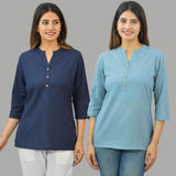 Combo of 2 Sky Blue and Navy Blue Cotton Flax Women top