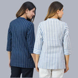 Combo of 2 Sky Blue and Navy Blue Cotton Stripe Women Top