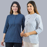 Combo of 2 Sky Blue and Navy Blue Cotton Stripe Women Top