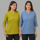 Combo of 2 Sky Blue and Olive Green Cotton Flax Women Top