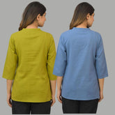 Combo of 2 Sky Blue and Olive Green Cotton Flax Women Top