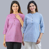 Combo of 2 Sky Blue and Purple Cotton Stripe Women Top