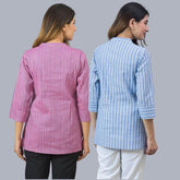 Combo of 2 Sky Blue and Purple Cotton Stripe Women Top