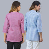 Combo of 2 Sky Blue and Purple Cotton Stripe Women Top
