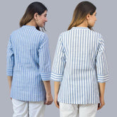 Combo of 2 Sky Blue and Sky Blue Cotton Stripe Women Top-