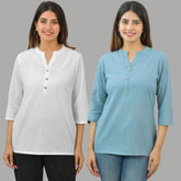 Combo of 2 Sky Blue and White Cotton Flax Women Top