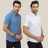 Combo of 2 Sky Blue and White Solid Cotton Men Shirt