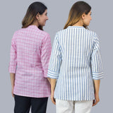 Combo of 2 White and Baby Pink Cotton Checks and Stripe Women Top