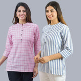 Combo of 2 White and Baby Pink Cotton Checks and Stripe Women Top