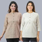 Combo of 2 White and Beige Cotton Stripe Women Top