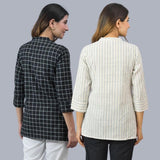 Combo of 2 White and Black Cotton Checks and Stripe Women Top