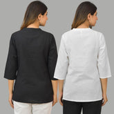 Combo of 2 White and Black Cotton Flax Women Top