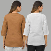 Combo of 2 White and Brown Cotton Flax Women Top