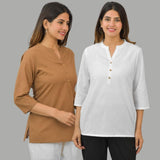 Combo of 2 White and Brown Cotton Flax Women Top