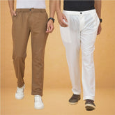 Combo of 2 White and Brown Cotton Regular Trousers