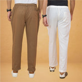Combo of 2 White and Brown Cotton Regular Trousers
