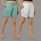 Combo of 2 Bottle Green and Beige Cotton Women Shorts