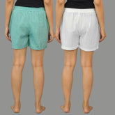Combo of 2 White and Cyan Cotton Women Shorts