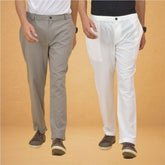 Combo of 2 White and Gray Cotton Regular Trousers