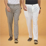 Combo of 2 White and Gray Cotton Regular Trousers