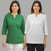 Combo of 2 White and Green Cotton Flax Women Top