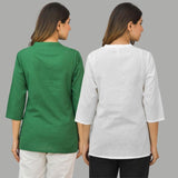 Combo of 2 White and Green Cotton Flax Women Top
