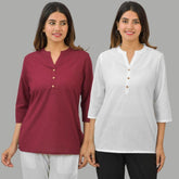 Combo of 2 White and Maroon Cotton Flax Women Top