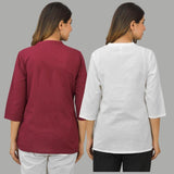 Combo of 2 White and Maroon Cotton Flax Women Top