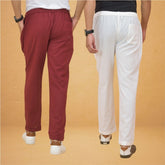 Combo of 2 White and Maroon Cotton Regular Trousers