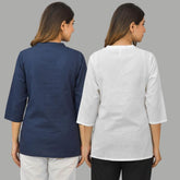 Combo of 2 White and Navy Blue Cotton Flax Women Top