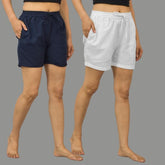 Combo of 2 White and Navy Blue Cotton Women Shorts