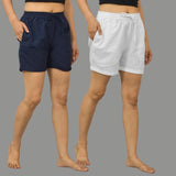 Combo of 2 White and Navy Blue Cotton Women Shorts