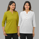 Combo of 2 White and Olive Green Cotton Flax Women Top
