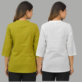 Combo of 2 White and Olive Green Cotton Flax Women Top
