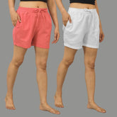 Combo of 2 White and Peach Cotton Women Shorts