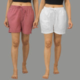 Combo of 2 White and Pink Cotton Women Shorts