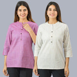 Combo of 2 White and Purple Cotton Stripe Women Top
