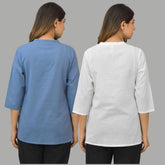 Combo of 2 White and Sky Blue Cotton Flax Women Top